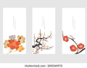 Art natural invitation card. Japanese background with watercolor texture vector. Branch with leaves decoration in vintage style. Floral pattern with Asian tradition banner design.