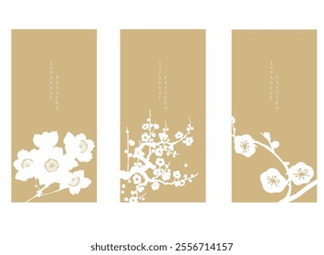 Art natural invitation card. Japanese background with silhouette element vector. Branch with leaves decoration in vintage style. Floral pattern with Asian tradition banner design.