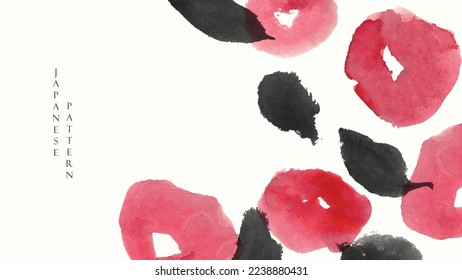 Art natural landscape background with Asian traditional icon texture vector. Red flower and black leaves element decoration in vintage style. Watercolor painting texture.