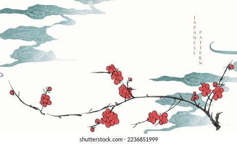 Art natural landscape background with Branch with leaves and flower decoration in vintage style. Cherry blossom with moon element. Chinese cloud vector.