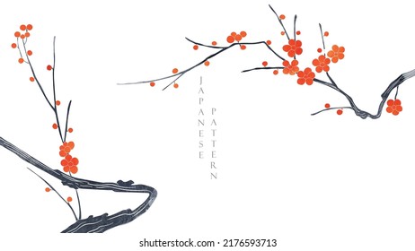 Art natural landscape background with watercolor texture vector. Branch with leaves and cherry blossom flower decoration in vintage style.  Floral pattern