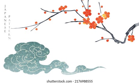 Art natural landscape background with watercolor texture vector. Branch with leaves and cherry blossom flower decoration in vintage style. Chinese cloud element.