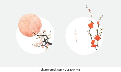 Art natural landscape background with watercolor texture vector. Branch with leaves and flower decoration in vintage style. Cherry blossom with moon element. - Shutterstock ID 2183044743