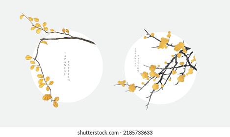 Art natural landscape background with watercolor texture vector. Branch with flower and leaves decoration in vintage style. Floral pattern with gold texture element.