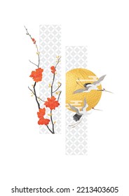 Art natural landscape background with watercolor texture vector. Crane birds with branch of flower decoration in vintage style. Cherry blossom with sun element. Gold circle object