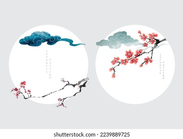 Art natural landscape background with watercolor texture vector. Branch with leaves and flower decoration in vintage style. Cherry blossom with Chinese cloud element.