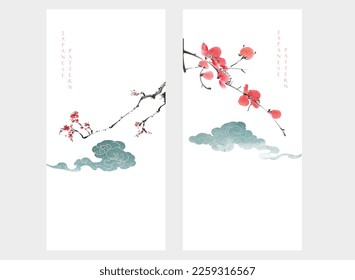 Art natural landscape background with watercolor texture vector. Branch with leaves and flower decoration in vintage style. Cherry blossom element with Chinese cloud.