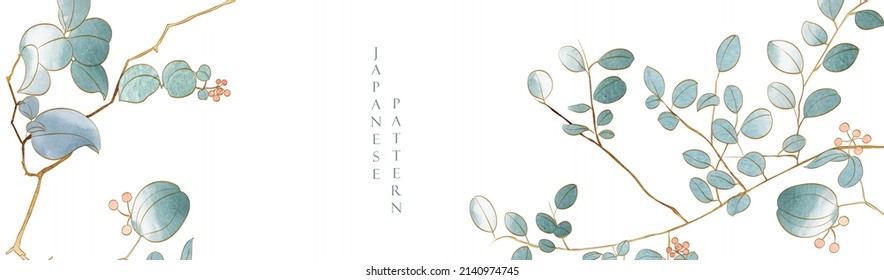 Art natural template design. Japanese background with watercolor texture vector. Hand drawn branch with leaves decoration in vintage style. 