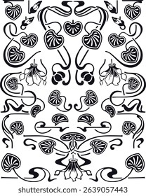 Art Nouveau black white decorative elements. Ornate floral motifs, swirling lines, elegant vintage style. Ideal for borders, frames, embellishments, or classic design projects. Vector illustration.

