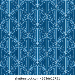 Art nouveau blue seamless pattern of arches. Shades of blue colors design. Geometric ornament of rounded arched elements. Calm classic design for wallpaper, gift papers, textile.