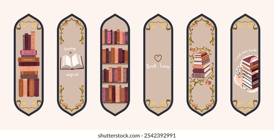 Art Nouveau Bookmarks. Set of paper bookmark templates for book lovers. Vertical postcards. Vector.