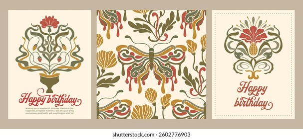 Art Nouveau Butterfly Vintage Ornament Card Set Seamless Pattern Vector Baroque Floral Antique Motif Boho Bohemian Ethnic Ornament