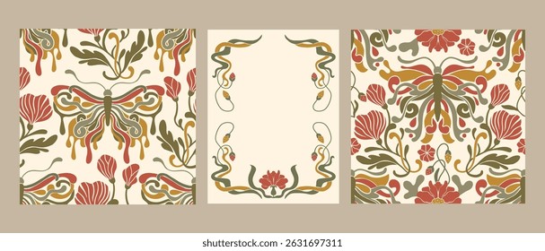 Art Nouveau Butterfly Vintage Ornament Vector  Frame Seamless Pattern Set Baroque Floral Motif Boho Bohemian Antique Ethnic Card 