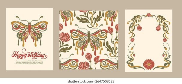 Art Nouveau Borboleta Vintage Ornamento Vetor Quadro Padrão Sem Costura Conjunto Barroco Floral Motivo Boho Bohemian Antique Ethnic Card 