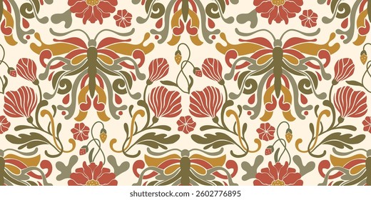 Art Nouveau Butterfly Vintage Pattern Seamless Vector Background Baroque Antique Floral Motif Boho Bohemian Batik Ethnic Flower Ornament