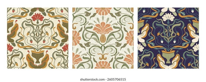 Art Nouveau Butterfly Vintage Pattern Bg Set Seamless Vector Background Baroque Floral Antique Motif Boho Bohemian Ethnic Ornament