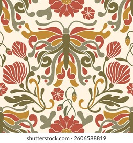 Art Nouveau Butterfly Vintage Pattern Seamless Vector Background Baroque Antique Floral Motif Boho Bohemian Ethnic Flower Ornament