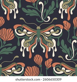 Art Nouveau Butterfly Vintage Pattern Seamless Vector Background Baroque Antique Floral Motif Boho Bohemian Ethnic Flower Ornament