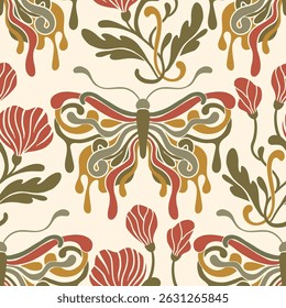 Art Nouveau Butterfly Vintage Pattern Seamless Vector Background Baroque Antique Floral Motif Boho Bohemian Ethnic Flower Ornament