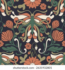 Art Nouveau Butterfly Vintage Pattern Seamless Vector Background Baroque Antique Floral Motif Boho Bohemian Ethnic Flower Ornament