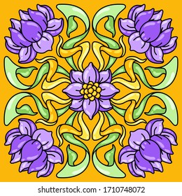 Jugendstil-Keramikfliesen-Muster. Blumenmotive im Retro-Stil. Vintage-Töpferei mit Blumen und Blättern.