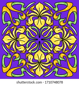 Art Nouveau ceramic tile pattern. Floral motifs in retro style. Vintage pottery with flowers and leaves.
