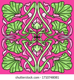 Art Nouveau ceramic tile pattern. Floral motifs in retro style. Vintage pottery with flowers and leaves.