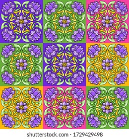 Patrón de cerámica Art Nouveau. Motivos florales de estilo retro. Cerámica de época con flores y hojas.