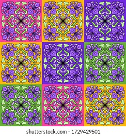 Art Nouveau ceramic tile pattern. Floral motifs in retro style. Vintage pottery with flowers and leaves.