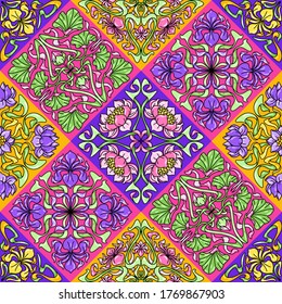 Art Nouveau ceramic tile pattern. Floral motifs in retro style. Vintage pottery with flowers and leaves.