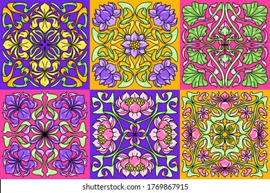 Art Nouveau ceramic tile pattern. Floral motifs in retro style. Vintage pottery with flowers and leaves.