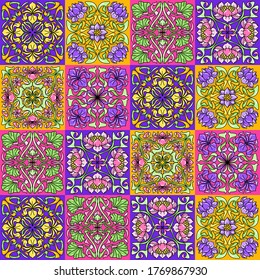Art Nouveau ceramic tile pattern. Floral motifs in retro style. Vintage pottery with flowers and leaves.