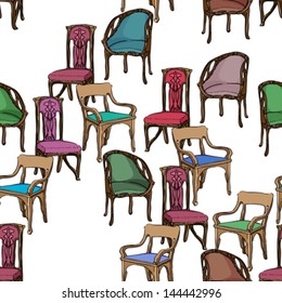 Art Nouveau colored chairs seamless pattern, hand drawn illustration of a series of chairs isolated on white