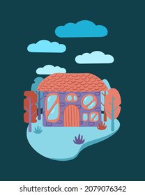 Art Nouveau colorful flat houses. House with unusual windows. Colorful landscape with trees and clouds. EPS 10 without transparencies.