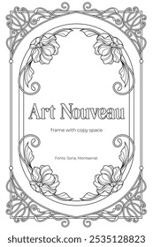 Art Nouveau coloring page black and white design. Vintage art nuvo frame with copy space.