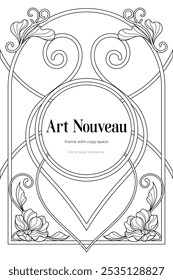 Art Nouveau coloring page black and white design. Vintage art nuvo frame with copy space.