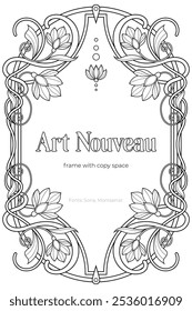 Art Nouveau coloring page black and white design. Vintage art nuvo frame with copy space.