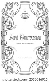 Art Nouveau coloring page black and white design. Vintage art nuvo frame with copy space.