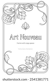 Art Nouveau coloring page black and white design. Vintage art nuvo frame with copy space.