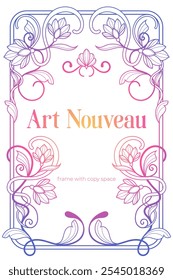 Art Nouveau coloring page rainbow colored design. Vintage art nuvo frame with copy space.