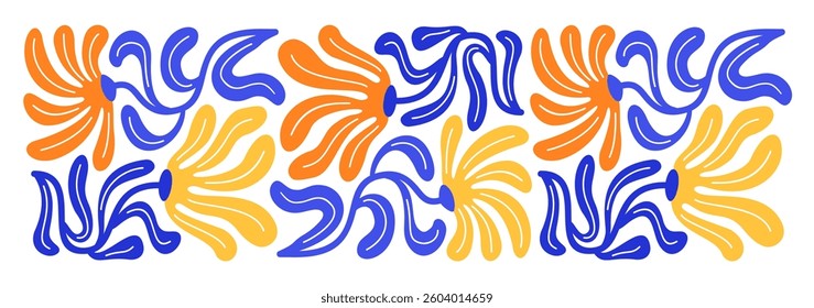 Art Nouveau composition of abstract yellow, blue, orange flowers and leaves. Contemporary naive drawing style border design. EPS 10 vector background illustration.