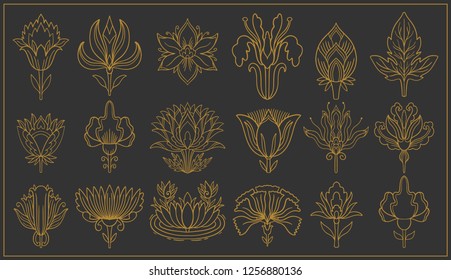 Art nouveau and art deco floral ornaments, modern flower vintage elements. Retro decoration style. Symbol tattoo. Vector illustration.