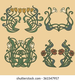 Art nouveau and art deco floral ornaments, modern and jugendstil vintage elements vector