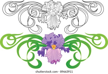 art nouveau decorative iris flower vignette tattoo. Monochrome and colorful.