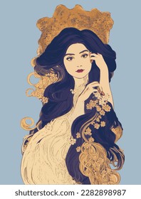 Art nouveau design of woman with long hair, fairy tale Rapunzel