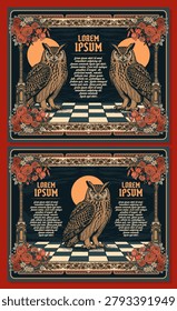 Art Nouveau Eurasian Eagle Owl Floral Frame Vintage Gothic Woodcut Template Set