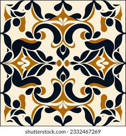 Modalidades Art Nouveau en el suelo con un diseño de damasco negro y naranja sobre un fondo blanco, que evoca la belleza de las baldosas estampadas.