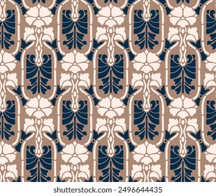 Art Nouveau Floral Bouquet and Ornaments Simless Vector Pattern in Beige Blue Color, for Wallpaper, Textile and Cards