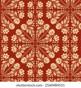 Art Nouveau Floral Bouquet and Ornaments Seamless Vector Pattern in Block Print Style for Wallpaper, Textile and Cards