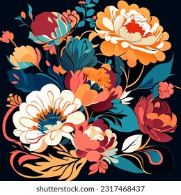 Art Nouveau floral composition in blue and orange, in black